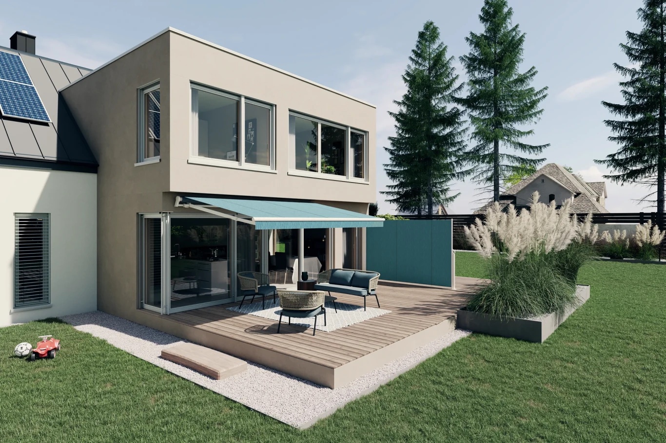 Haus mit Markisen, Raffstoren und Rollläden im Zusammenspiel